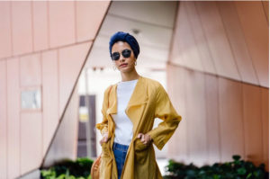 woman yellow coat